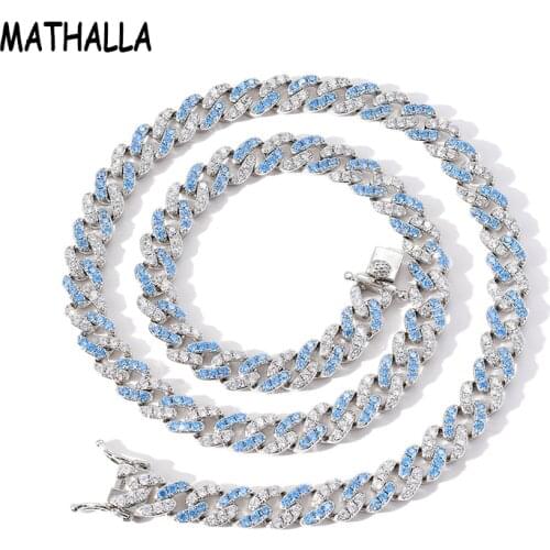 MATHALLA Custom 9MM Iced Out Blue Zircon Miami Cuban Link Chain Necklace White Gold Plating Hiphop Pave CZ Cuban Chain Jewelry