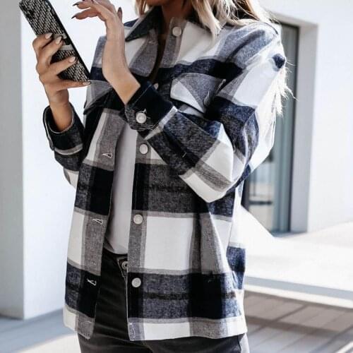 Wholesales Autumn Women Plaid Turn-down Collar Jacket Long Sleeve Single-breasted Coat