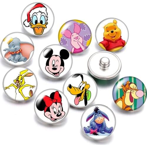 Mickey Minnie Mouse Pooh Donald 10pcs Round photo glass cabochon 18mm snap buttons for 18mm snap bracelets jewelry wholesale