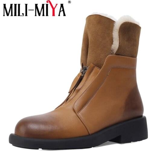 MILI-MIYA Fashion Women Cow Leather Ankle Boots Round Toe Thick Heels Warm Plush Zipper Winter Shoes Plus Size 34-41 Handmade