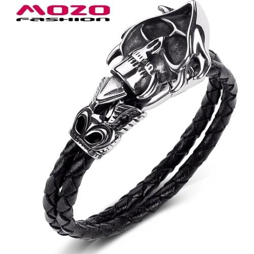 Fashion Bracelets Leather Stainless Steel Skull Punk Charm Bangles For Women Exaggeration Cuff Jewelry PS1035