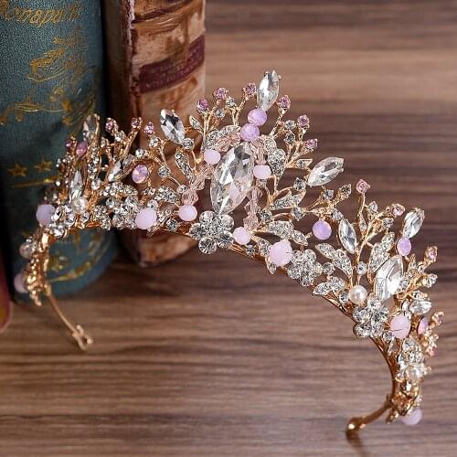KMVEXO New Gold Color Handmade Pink Beaded Crown Luxury Crystal Rhinestone Tiaras Wedding Hair Accessories Bridal Party Jewelry