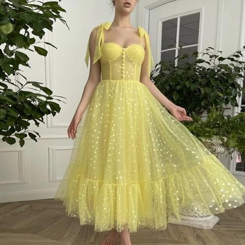 New Lemon Yellow Prom Dress Tulle With Hearty A Line Sweetheart Bow Knot Straps Buttons Ankle Length Formal Evening Party Gowns