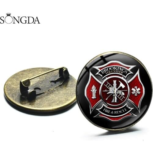 Firefighters Profession Brooches Fashion Handmade 20/25mm Glass Dome Metal Pins Fire Dept. Symbol Decorative Badges