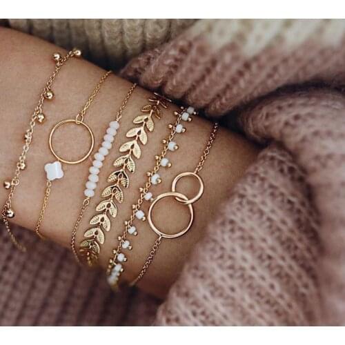 Simple fashion circle bracelet European and American personality small flower arrow leaf lady bracelet 6-piece combination
