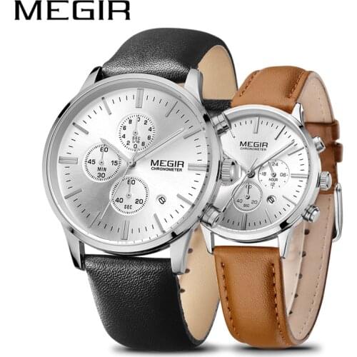 Relogio Masculino MEGIR Mens Watches Top Brand Luxury Leather Lovers Quartz Watch Clock Set Horloges Mannen Wrist Watch Man