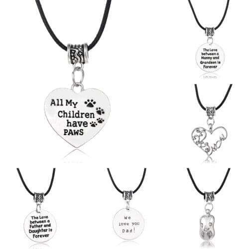 Family Love Dog Tag Pet Paws Heart Pendant Necklace Dad Daddy Mom Children Women Leather Rope Charm Jewelry Choker Collar Gifts