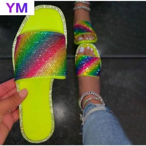 Summer Slippers Women Crystal Luxury Slides Square Toe 2021 Designer Flat Rubber Basic Zapatillas Casa Mujer Sapato Feminino 43