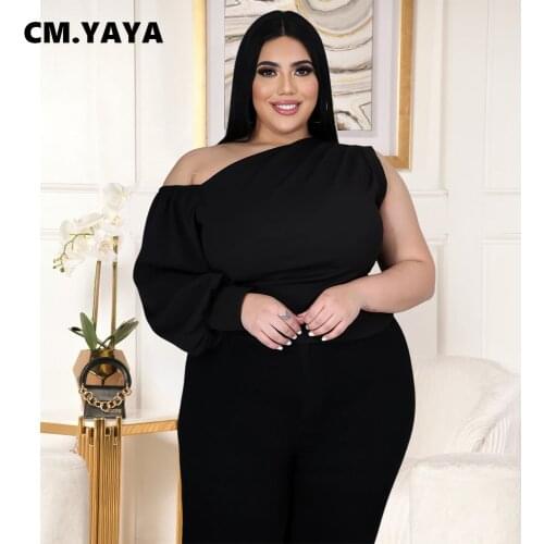CM.YAYA Plus Size XL-5XL One Shoulder Sleeve Skew Neck Blouses and Shirt Tops