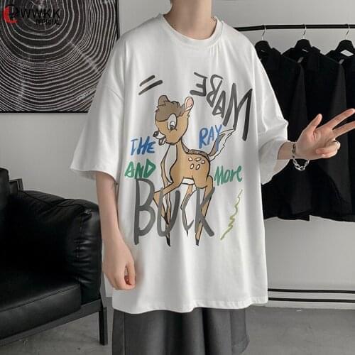 WWKK Summer Fashion Men Deer graffiti Cartoon T-shirt 2021 New Loose Short Sleeve t-shirt Korean Simple oversized graphic tees