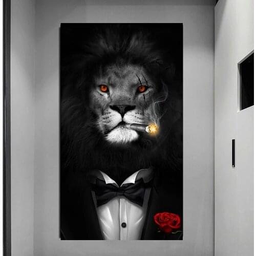 Funny Animal Black White Lion In Suit Canvas Art Posters And Prints Abstract Animals Canvas Paintings On the Wall Art Pictures