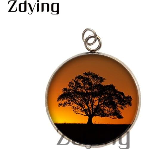 Zdying 2pcs Tree Silhouette Pattern Round Glass Cabochon Charms Stainless Steel Necklace Pendants Jewelry Accessories SL10