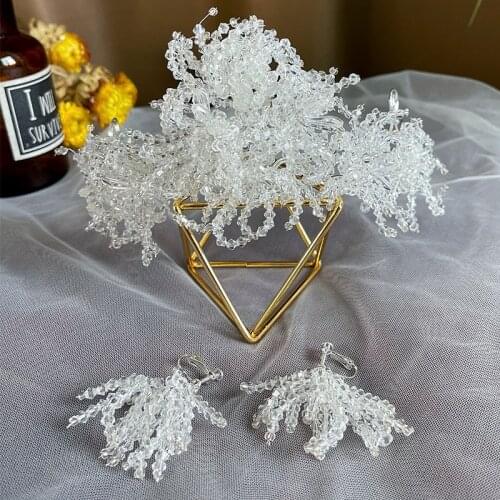 Womens Engagement Hair Crown Set with Earring Wedding Bridal Tiara Headband Beaded Crystal Hairband Women Headware diadema muje