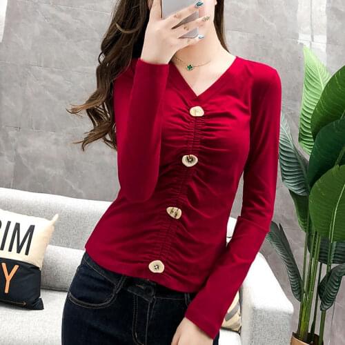 Pure cotton V-neck long-sleeved T-shirt womens 2021 spring and autumn new solid color top bottoming shirt