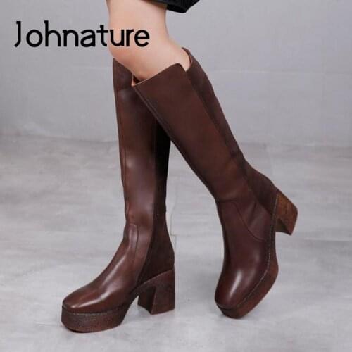 Johnature Winter Women Boots 2021 New Short Plush Women Shoes Warm Genuine Leather Round Toe Zip Handmade Concise Platform Boots