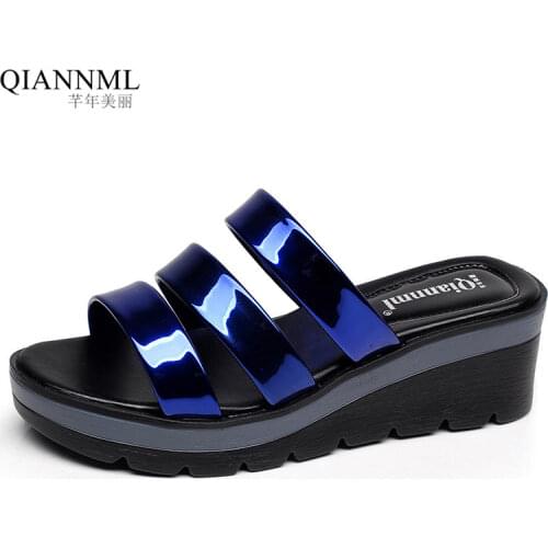Quality Patent Leather Wedges Slides Women Shoes Summer 2021 Elegant Platform Slippers Woman Plus Size 41 42 43