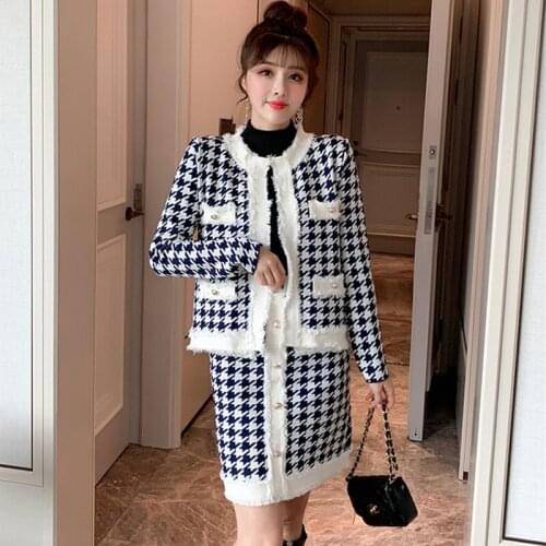 New 2019 Autumn Winter Houndstooth Fashion Runway Tassel Knitted 2 Piece Set Women Jacket Coat+Short Pencil Skirt Suits