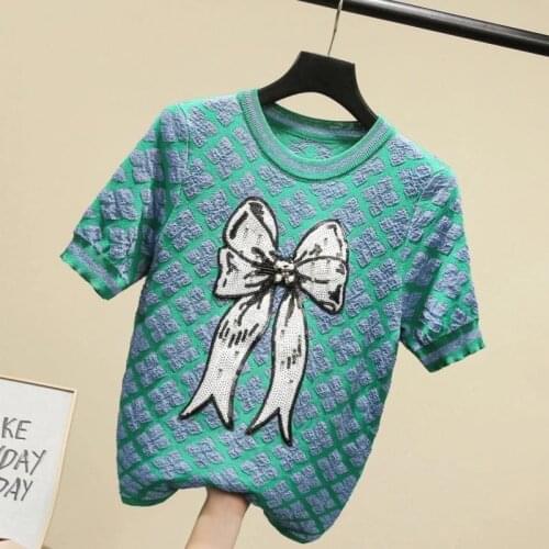2021 Spring And Summer New Sequins Beading Bow Pullover Sweater Women Short Sleeve Jacquard Knitted T Shirts Tops Green Pink