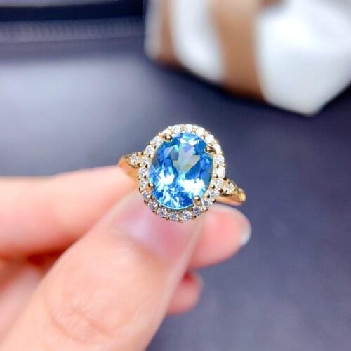 Gold Color 8 Hearts 8 Arrows Switzerland Blue Topaz Gemstone Ring for Women Exquisite Egg Shape Zircon Fine Jewelry Accessories