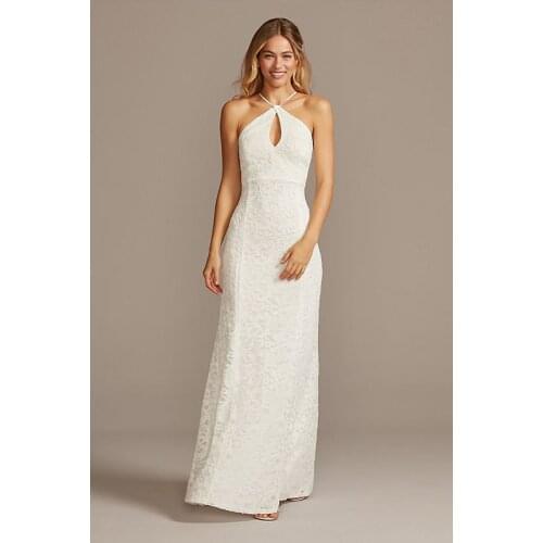 A-Line Halter Floor-Length Dew Shoulder Formal Dress Women Elegant White Appliques Sleeveless Criss-Cross Straps Evening Gown