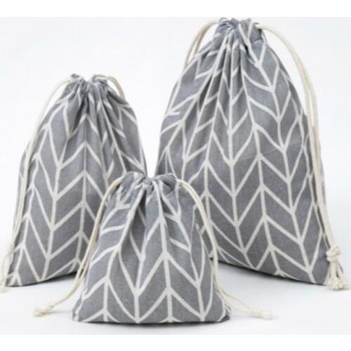 3 Size Japanese Style Printed Drawstring Bag Draw Pocket Storage Geometric Arrow Pattern Farmhouse Style Sack Fabric Bags