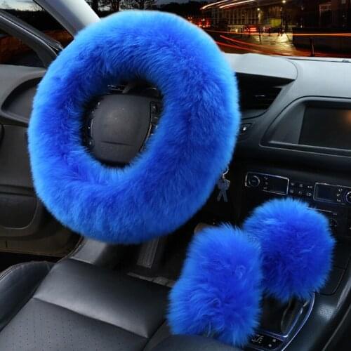 3pcs/set Winter Wool Car Steering Wheel Cover Australian Wool Heated Fur Steering Wheel Cover Auto Handbrake Gear Shifter Cover