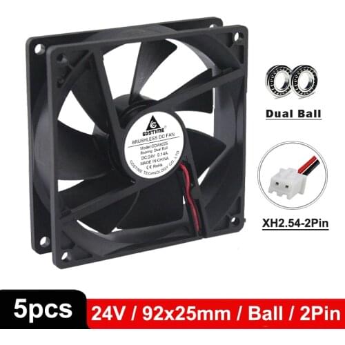 5PCS Gdstime DC 24V 2Pin 90mm 9cm 92x92x25mm Dual Ball Bearing Computer Case Cooling Fan 92*25mm 9225 for PC CPU Cooler Radiator