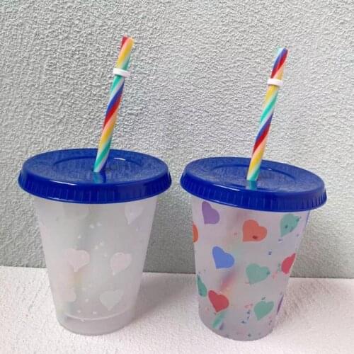 710ml Rainbow Straw Color Changing Tumblers With Lid Heart Shape Confetti Color Discoloration Straw Cup Cold Drink Coffee Mug