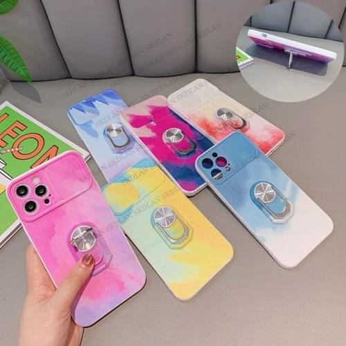 Watercolor Slide Camera Protective Silicone Cover iphone 12 Pro Max 11 XR 7 8 plus xs Case Matte Magnetic Ring Stand Back Cover