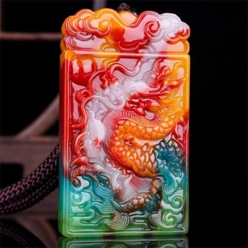 Chinese Colorful Jade Dragon Pendant Necklace Jewellery Fashion Hand-Carved Man Women Luck Pendant Amulet Free Rope