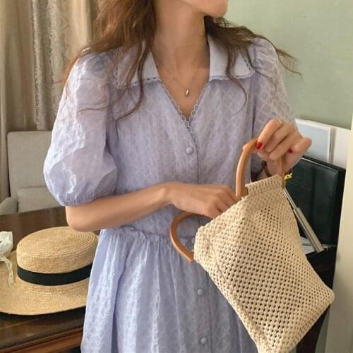 Plaid Women Dress Korean Chic Turn Down Collar Puff Sleeve Dresses Femme Loose Casual High Waist Mid Calf Robe Vestidos 80265