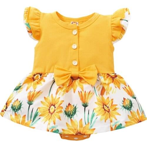 Pudcoco 0-18M Romper Newborn Baby Girls Yellow Sunflower Floral Print Infant Kids Summer Butterfly Short Sleeve Ruffles Leotard