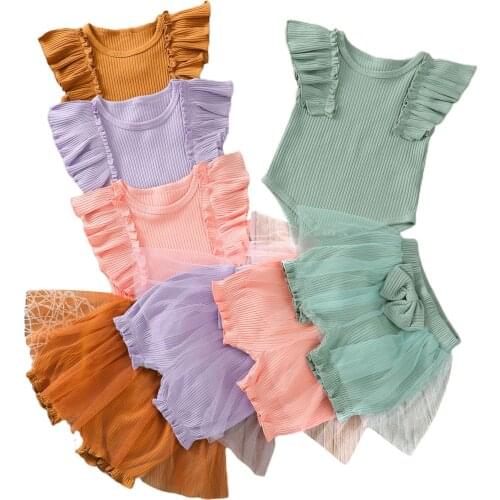 0-24M Baby Girls Two-piece Clothes Set Solid Color Round Collar Sleeveless Romper and Shorts