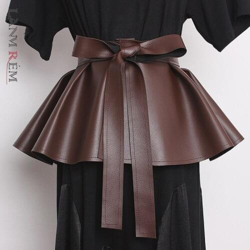 LANMREM 2021 New Arrival Sweet Style Bow Bandage Pleated Swing Pu-leather Streetwear Waistband For Women Fashion Tide 2A3060