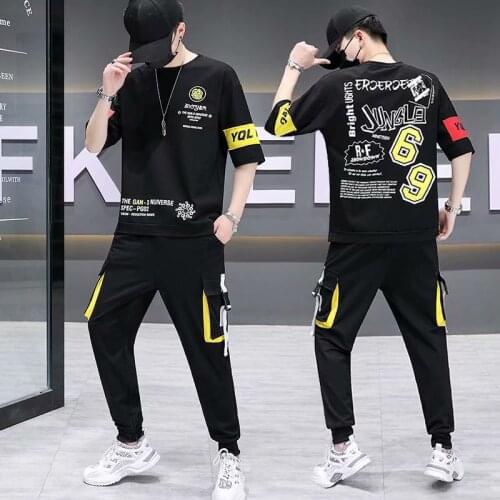 Mens Sets Short Sleeve T Shirt+Elastic Waist Trousers Hip Hop Fashion Mens Clothing Sets Streetwear Two Piece Set Tracksuit Men