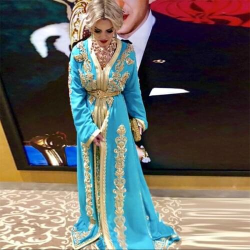 Sky Blue Satin Muslim Evening Dresses Long Sleeves V Neck Appliques Dubai Moroccan Kaftan Islamic Prom Dresses Party Custom Made