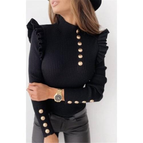 HIRIGIN New T-shirt Women Turtleneck Pullovers Solid Ruffles Fly Sleeve Buttons Slim Rib Knitted Basic T Shirt Fall Elastic Tops