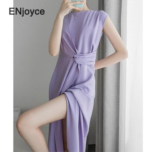 Sexy V-neck Sleeveless Purple Midi Dress Korean Fashion Casual A-line Party Boho Long Dresses 2021 Summer Clothes for Women