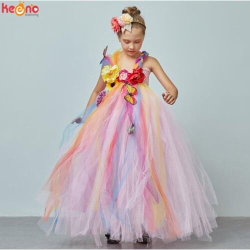 Pink Flower Girls Princess Wedding Ball Gowns Tutu Dress with Headband Fairy Girl Pageant Tutu Dress Kids Birthday Party Clothes