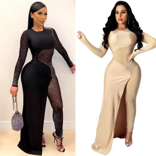 Sheer Mesh Rhinestones See Through Slim Jumpsuit Women Crew Neck Long Sleeve Club Party One Piece Overall Skinny Bodycon Rompers