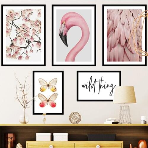 Romantic Pink Flamingo Feather Canvas Paintings Wild Magnolia Posters Butterfly Print Wall Art Pictures for Bedroom Decoration