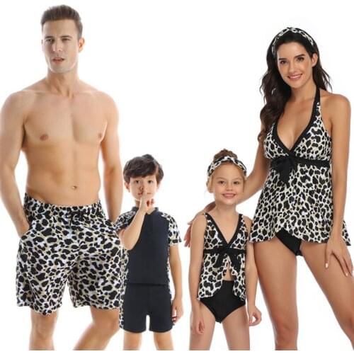 Family Matching Swimwear Leopard Print Swimsuit Mother Daughter Swimwear Bikini Beachwear Swimming Trunks Men Bathing Suit 2021