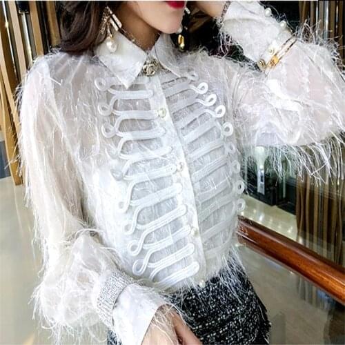 Women Blouse New 2020 Nice Long Sleeve Sheer Tassels Blouse Vintage Royal Style Shirt Woman Spring Summner Tops Party Wear NS708