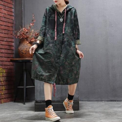 New Arrival Ethnic Style Retro Distressed Hooded Jacket Womens Long Sleeve Single-breasted Printed Loose Denim Windbreaker aq803