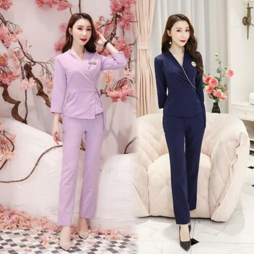 Women Fashion Uniforms Spa Beautician Nurse Workwear Spa Tunic Set High-Quality Cross Neck Top Pants Beauty Salon Uniform AS187