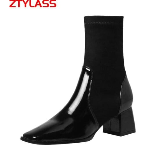 2021 Black Fashion Square Toe Stretch Boots Autumn Women Boots Comfortable Chunky Low Heel Ankle Boots Slip On Woman Shoes