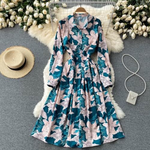 New Arrival Autumn Long-sleeved Shirt Dress for Women Lapel Single-breasted Flower Print Temperament Ladies Pleated Long Dresses
