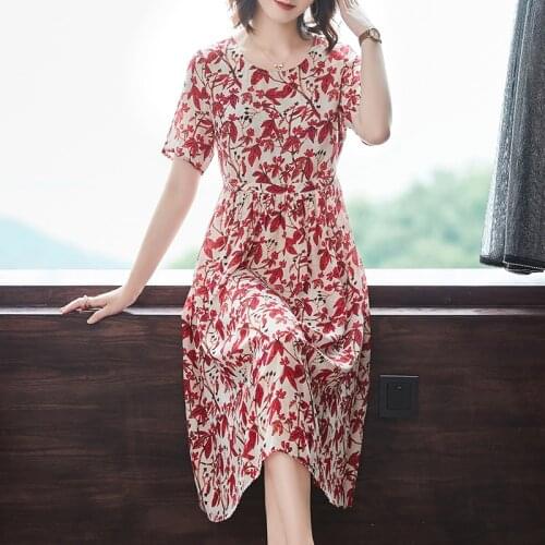2021 Summer New Style Fashion Comfortable Party Holiday Mulberry Silk Floral Round Neck Short Sleeve Dress Woman Dress
