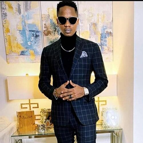 2021 Navy Check Wedding Tuxedos Notched Lapel Slim Fit One Button Groom Wear Formal Party Prom Men Suit Blazer (Jacket+Pants)