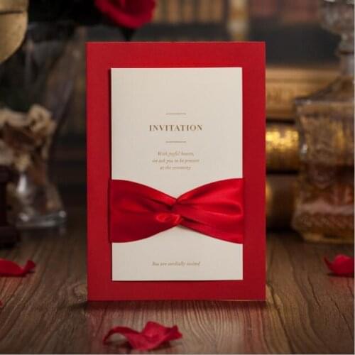 Free Shipping 50PCS/LOT Red Ribbon Style Wedding/ Business Invitation Card With Envelope